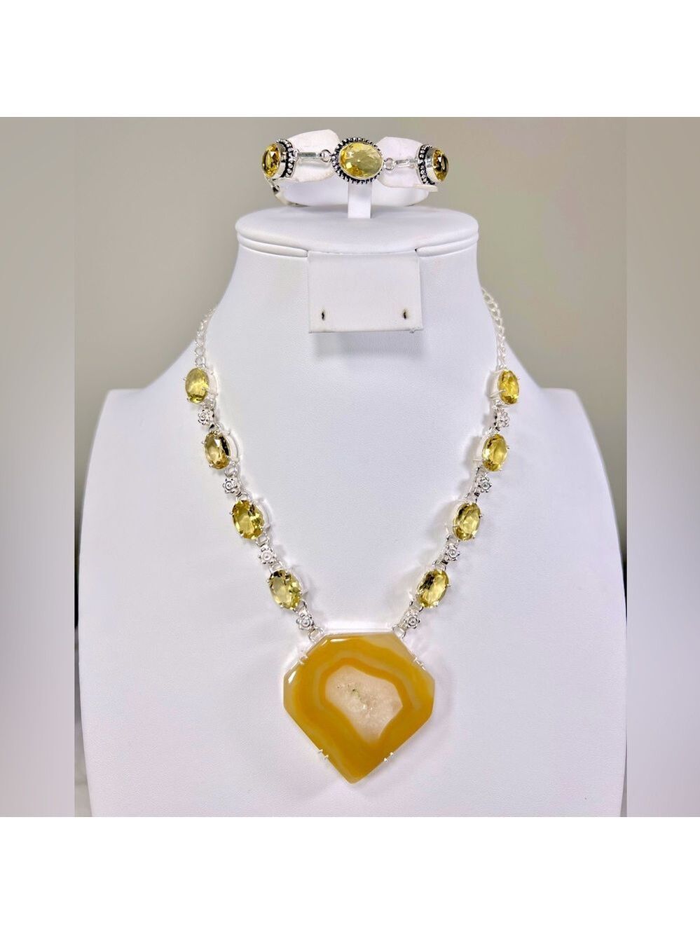 Solar Agate Citrine 925 Large Gemstone Necklace & Bracelet